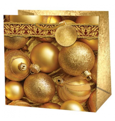 Geschenktasche 222-501TQ Kugeln, Weihnachten, Kordelband mit Geschenkanhänger, goldene Kugeln, 15cm x 14,5cm