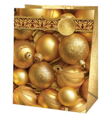 Geschenktasche 222-501TL Kugeln, Weihnachten, Kordelband mit Geschenkanhänger, goldene Kugeln, 26,7cm x 33cm