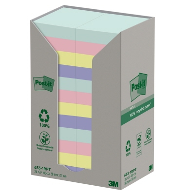 Haftnotizen 653-1RPT, Recycling Notes Tower Pastell Rainbow, je 6 x mint/flamingopink/hellblau/gelb