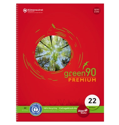 Collegeblock 040835022 Green, Baum, Lineatur 22 / liniert mit Rand innen, A4, 90g, rot, 80 Blatt