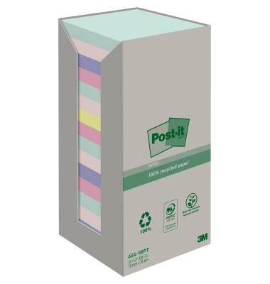 Haftnotizen 654-1RPT, Recycling Notes Tower Pastell Rainbow, je 4 x mint/rosa/je 3 x hellblau/flamingopink/2 x gelb, quadratisch