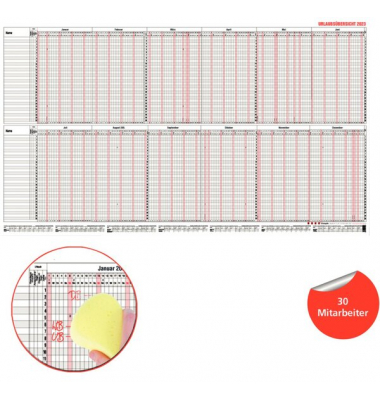 Urlaubsplaner 12-40MB, 12 Monate / 1 Seite, 98,5x60cm, für 30 Mitarbeiter, 2025