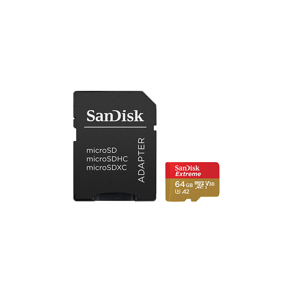 0619659193409 - SanDisk Extreme - Flash-Speicherkarte (microSDXC-an-SD-Adapter inbegriffen) - 64 GB - A2   Video Class V30   UHS-I U3   Class10 - microSDXC UHS-I