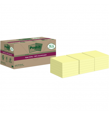 Haftnotiz 654 RSSCY 14+4F, Super Sticky Recycling Notes, 76x76mm (BxH), gelb, Block