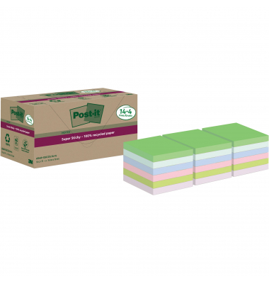 Haftnotiz 654 RSSCOL14+4F, Super Sticky Recycling Notes, 76x76mm (BxH), mehrfarbig, Block