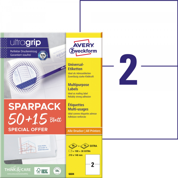 4004182066041 - Etiketten 6604 universal ultragrip geeignet für Inkjet- & Laserdrucker 210 x 148 mm 130 Stück 65 A4-Bogen FSC®-Papier weiß