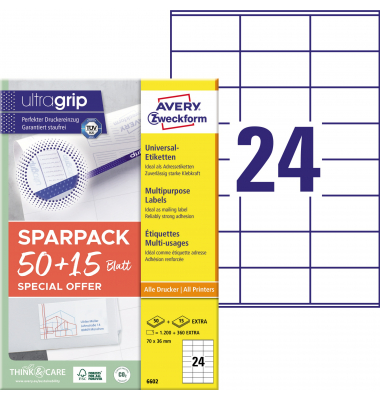 Universaletiketten ultragrip SPARPACK 50 + 15 Blatt 6602 weiß 70x36mm (BxH) 1.560 Etiketten 