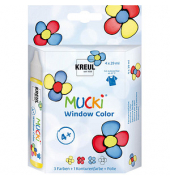 MUCKI Fenstermalfarben farbsortiert 4 Pens à 29 ml in Gelb, Rot, Dunkelblau, Konturenfarbe Schwarz, 1 MUCKI Window Color S Fenst