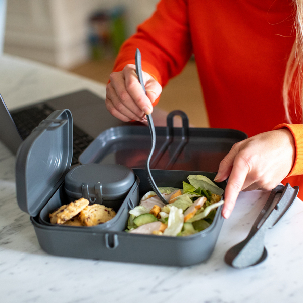 4002942559604 - KOZIOL Lunchbox Holz Kunststoff (Set 6-tlg 3 Lunchboxen +1 Besteckset bestehend aus 1x Messer1x Gabel 1x Löffel) biozirkulärem Materialspülmaschinengeeignetmelaminfreirecycelbar grau