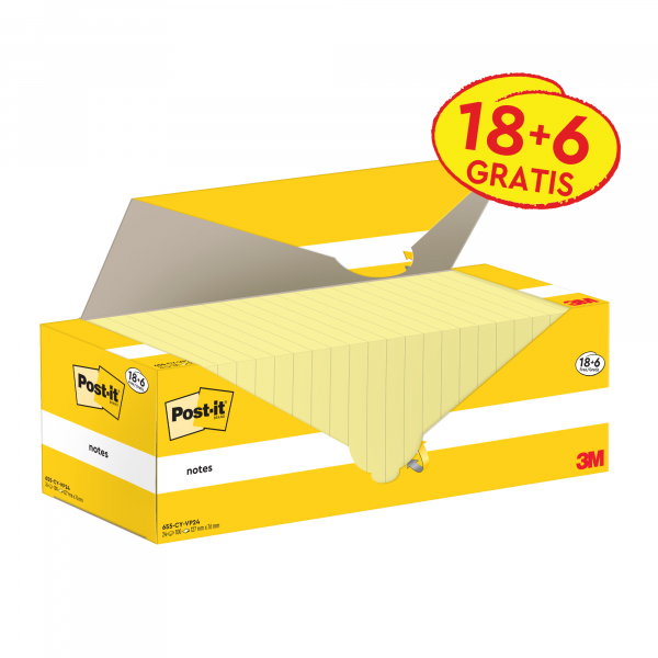 4064035128074 - Post-it Haftnotizen Kanariengelb 76 x 76 mm Packung mit 24 Blöcken à 100 Blatt Value Pack 18+6 FREE