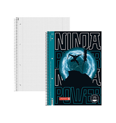 Collegeblock 10-67928321 Ninja Power, Ninja, Lineatur 28 / kariert mit Rand innen/außen, A4, 90g, schwarz, 80 Blatt