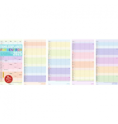 Familienkalender 103628, Farbenfroh, 1 Monat / 1 Seite, 4 Spalten, 22x45cm, 2025