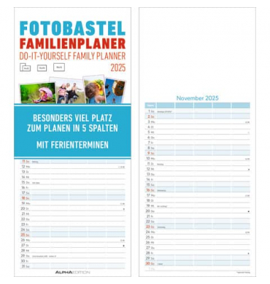 Familienkalender 103648, Foto-Bastelkalender, 1 Monat / 1 Seite, 5 Spalten, 19,5x45cm , 2025