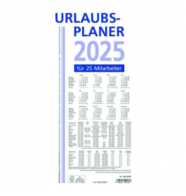 Urlaubsplaner 992-0000, 16 Monate / 1 Seite, 100x29,7cm, für 25 Mitarbeiter, 2025