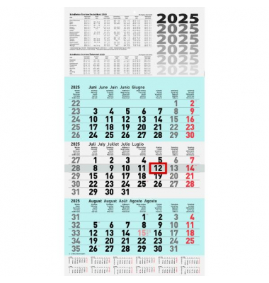 Dreimonatskalender 1070210315, 3 Monate / 1 Seite, 29x61,8cm, 2025