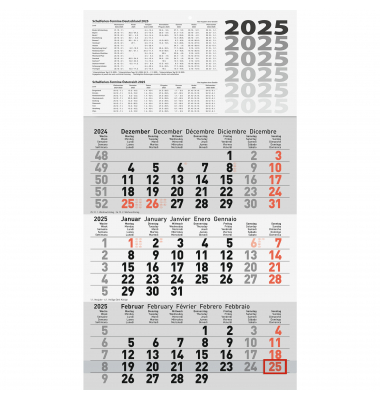 Dreimonatskalender 5060114005, 3 Monate / 1 Seite, 30x52cm, 2025