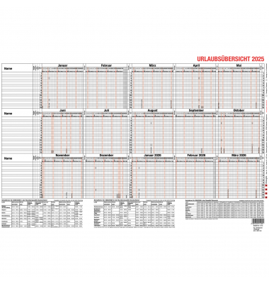 Urlaubsplaner 12-54, 15 Monate / 1 Seite, 46x30cm, für 15 Mitarbeiter, 2025