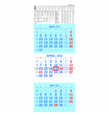 Dreimonatskalender 952-0000, 3 Monate / 1 Seite, 29,5x80cm, 2025