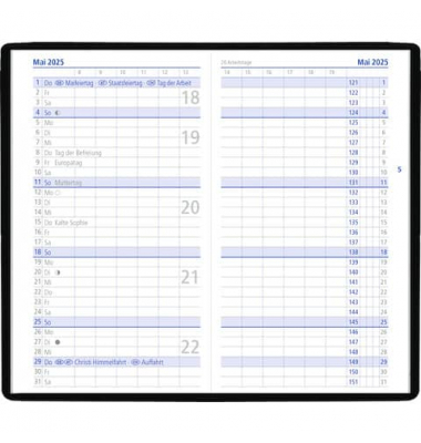 Taschenkalender 520-1001, farbig sortiert, 1 Monat / 2 Seiten, 9,5x16cm (A6), 2025