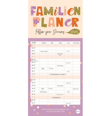 Familienkalender 23445, DESIGN, 21x45cm, Mit Schulferien, 2 Stundenpläne- 3-Monats-Ausblick Januar bis März 2026., 2025