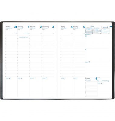 Buchkalender 024067Q, Prenote VZ, schwarz, 1 Woche / 2 Seiten, 21x29,7cm (A4), 2025