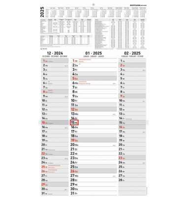 3-Monats-Wandkalender 955-0011 (602609), Streifenplaner, 33x58,8cm, 2025