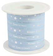 Geschenkband Merry Christmas 680 9-602, Schriftzug Merry Chrismas und Sterne, 10mm x 100m, eisblau