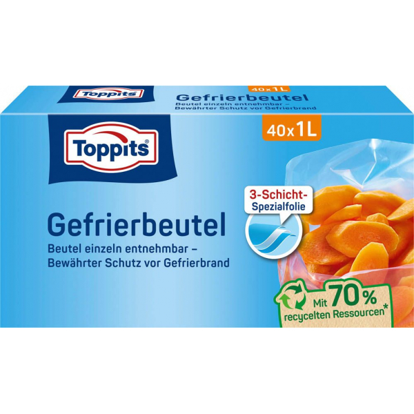 4008871208040 - Toppits® Gefrierbeutel Standboden Mit Standboden für einfaches Befüllen Fassungsvermögen 1 Liter 1 Packung = 40 Stück