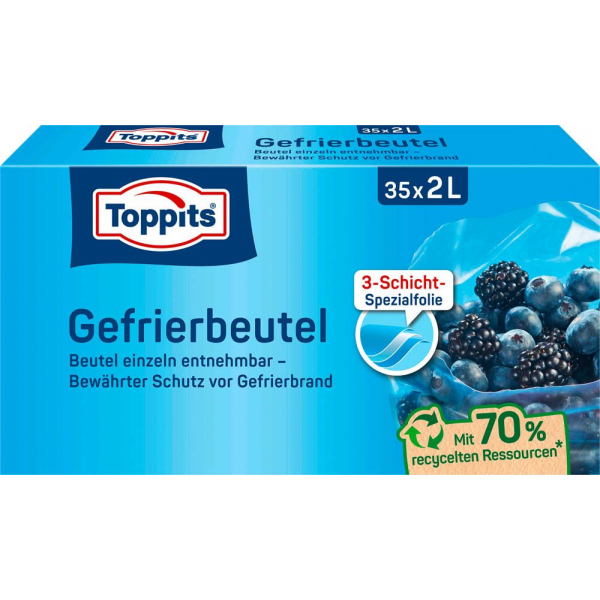 4008871208057 - Toppits® Gefrierbeutel Standboden Mit Standboden für einfaches Befüllen Fassungsvermögen 2 Liter 1 Packung = 35 Stück