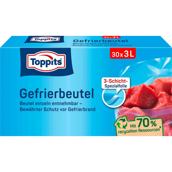 4008871208064 - Toppits® Gefrier-Beutel aus 3-Schicht-Folie mit verstärkter Mittelschicht 1 Packung = 30 Stück á 3 Liter Fassungsvermögen