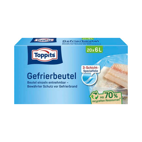 4008871208095 - Toppits® Gefrierbeutel Standboden Mit Standboden für einfaches Befüllen Fassungsvermögen 6 Liter 1 Packung = 20 Stück