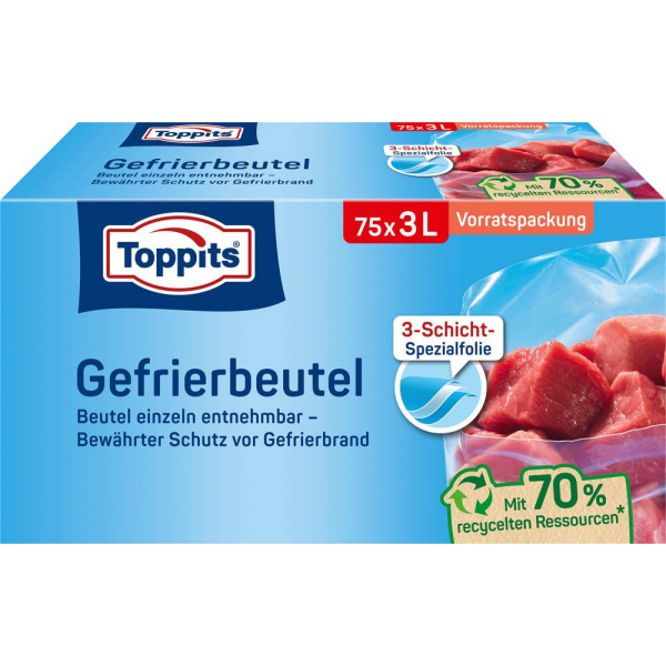 4008871208132 - Toppits® Gefrierbeutel Standboden Vorratspack Mit Standboden für einfaches Befüllen Fassungsvermögen 3 Liter 1 Packung = 75 Stück