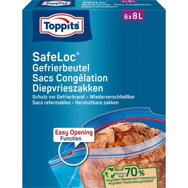 4008871200853 - Toppits® Safeloc ® Maxi Gefrierbeutel Einfacher zu schließender Safeloc® mit doppeltem Safeloc-Verschluss 1 Packung = 6 Stück á 8 l