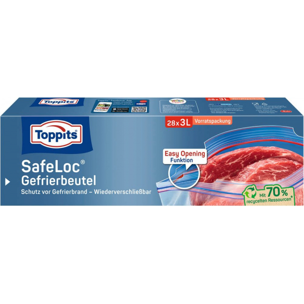 4008871211064 - Toppits ® Doppelverschluss Gefrierbeutel mit Safeloc-Verschluss Wiederverschließbar schützt vor Gefrierbrand Fassungsvermögen 3 Liter XL Packung = 28 Beutel