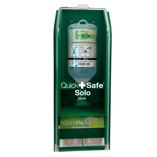 5715205009004 - - Augenspülstation QuickSafe Solo 05 l + Pflasterrefill B140 mm Haltbarkeit 3 Jahre(ungeöffnete Flasche)