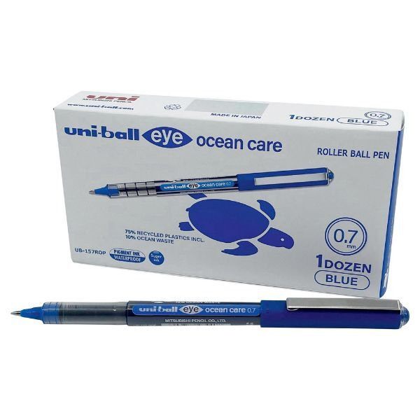 4548351129026 - Tintenroller uni-ball UB EYE Ocean Care Strichstärke 04 mm Kugel-Ø 07 mm dokumentenecht Sichtfenster 75 % Recycling-Kunststoff 12 Stück Schreibfarbe blau